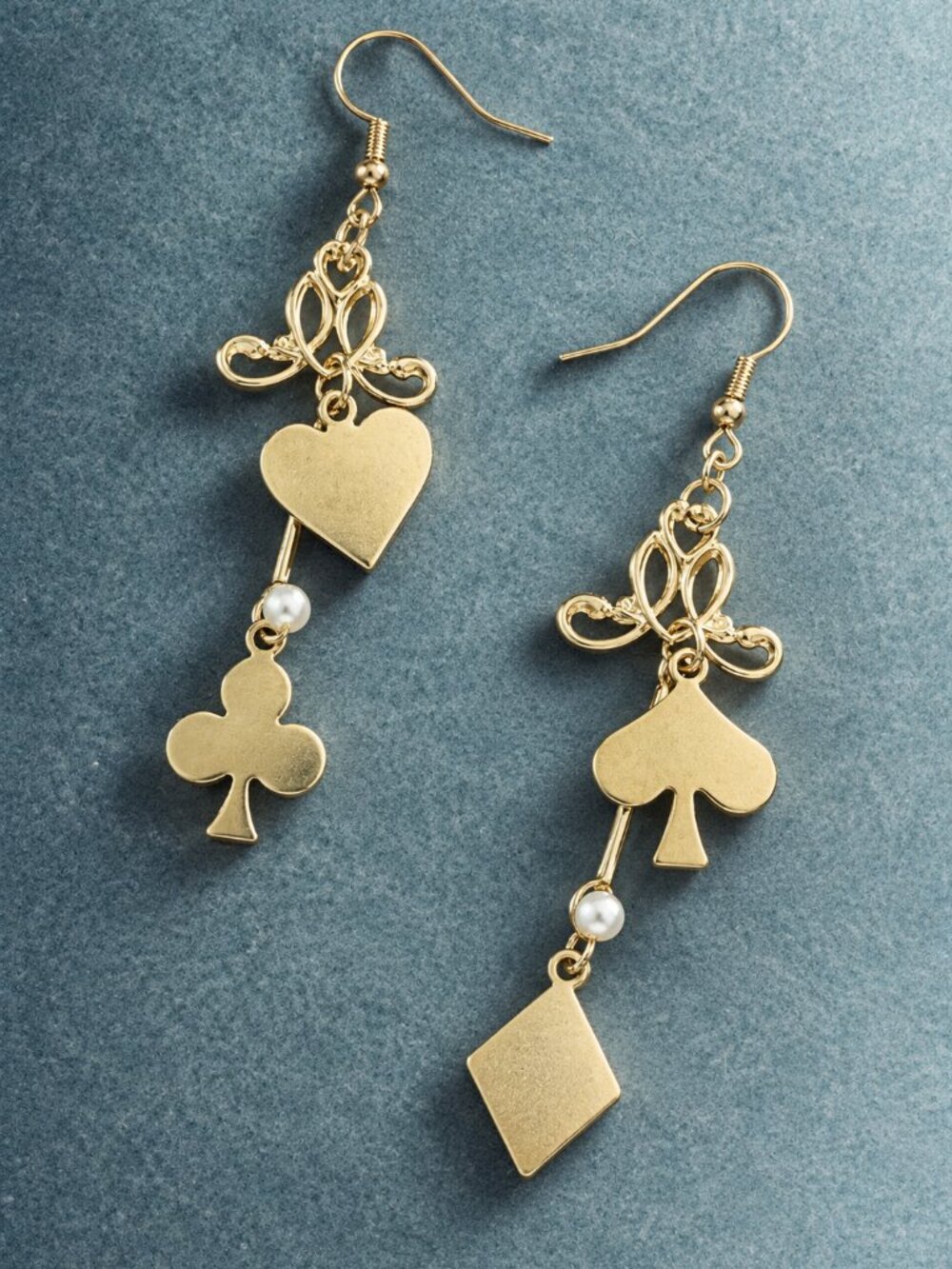Anthropologie Playing Card Charm Drop Earrings Gold Heart Spade Club Statement